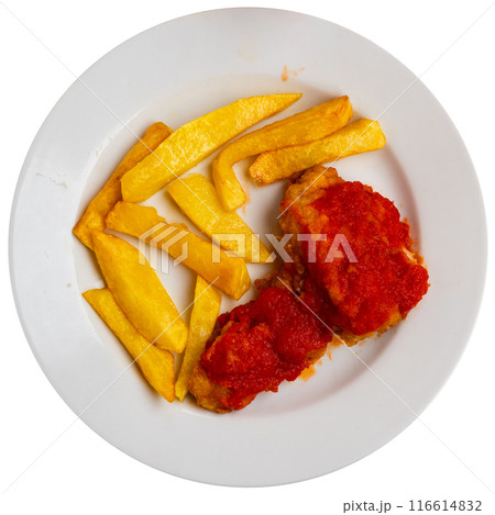 There is large slice of fried cod on plate, covered with tomato sauce and French fries. 116614832