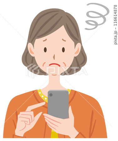 スマホを操作する中年女性のイラスト 使い方が分からない 困る スマホを操作する中年女性のイラスト 使い方が分からない 困る 116614878