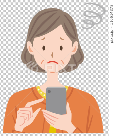Illustration of a middle-aged woman operating a smartphone. I don't know how to use it. I'm in trouble. Illustration of a middle-aged woman operating a smartphone. I don't know how to use it. I'm in trouble. 116614878