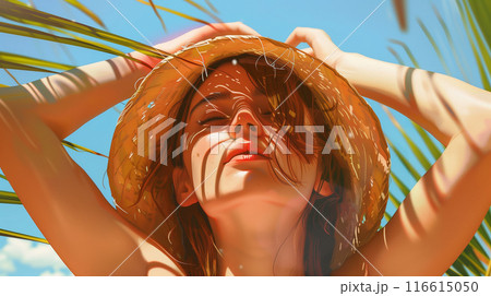 炎天下で汗をかく若い女性 炎天下で汗をかく若い女性 116615050