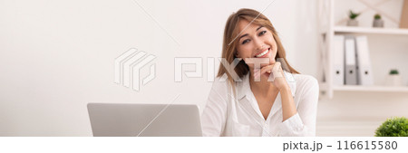 Business Career. Successful Entrepreneur Lady Sitting At Laptop Smiling At Camera In Modern Office, Copy Space 116615580