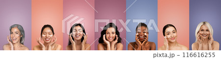 Seven women of various ages and skin tones apply skincare products to their faces while smiling at the camera. They are each posed in front of a solid color background 116616255