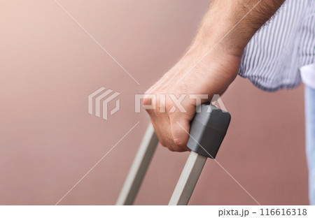 Closeup Of Male Hand Holding Suitcase Handle Outdoors, Ready For Travel, Selective Focus, Cropped Image With Copy Space 116616318