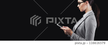 ID Recognition. Businesswoman Using Mobile Phone Scanning Face Identifying Person On Black Background In Studio. Panorama, Side View 116616379