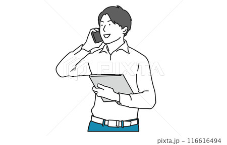 スマホで話す仕事中の男性のシンプルイラスト 116616494