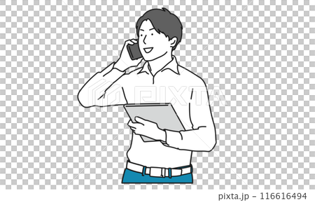 スマホで話す仕事中の男性のシンプルイラスト 116616494