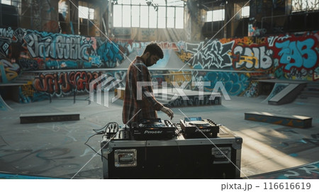 A DJ mixes music on a pair of turntables in an abandoned skate park with graffiti on the walls. 116616619