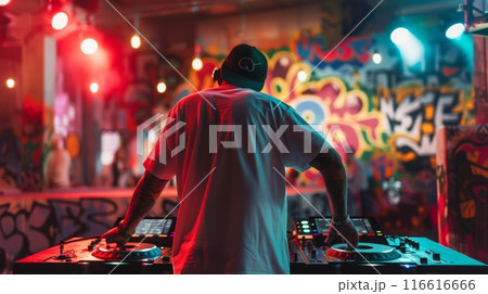 A DJ mixes music at a nightclub with a colorful graffiti backdrop. 116616666