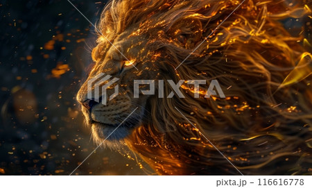 A close-up of a lion's face, with its mane engulfed in flames and glowing embers. A close-up of a lion's face, with its mane engulfed in flames and glowing embers. 116616778