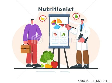 Vector Illustration of a Nutritionist Conducting a Nutritional Examination of Food, including Dietary Supplements, such as Fresh Fruits and Vegetables 116616819