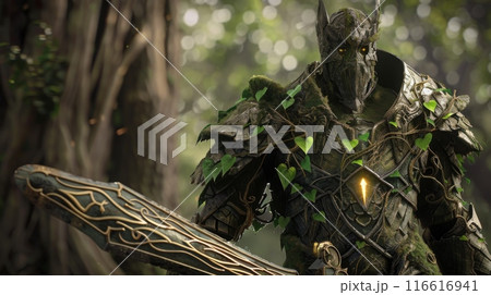 A cloaked warrior stands in a forest, wielding a large sword. The armor is covered in vines and leaves. The warrior's face is partially hidden by the helmet. 116616941