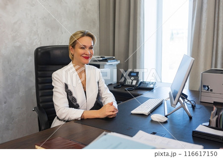 Female team leader at business meeting in office. Female team leader at business meeting in office. 116617150