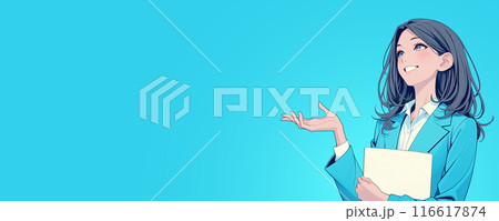 手を上げて案内しているビジネスウーマンとコピースペース「AI生成画像」 手を上げて案内しているビジネスウーマンとコピースペース「AI生成画像」 116617874