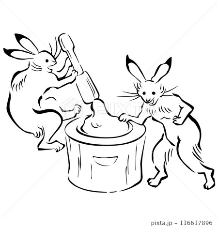 餅つきをする2匹のうさぎの鳥獣戯画風ベクターイラスト 餅つきをする2匹のうさぎの鳥獣戯画風ベクターイラスト 116617896