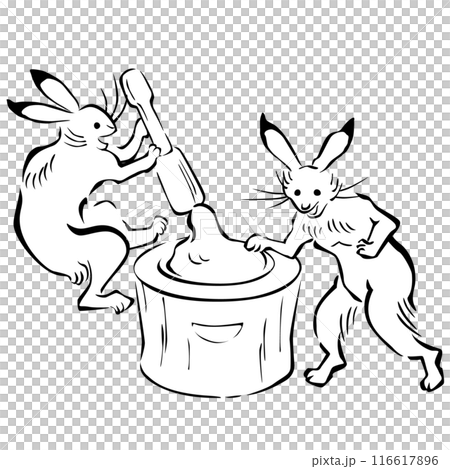 餅つきをする2匹のうさぎの鳥獣戯画風ベクターイラスト 餅つきをする2匹のうさぎの鳥獣戯画風ベクターイラスト 116617896