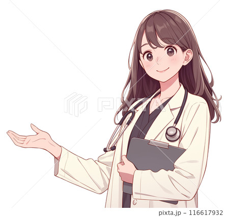 クリップボードを持って手を挙げている女性医師のイラスト「AI生成画像」 クリップボードを持って手を挙げている女性医師のイラスト「AI生成画像」 116617932