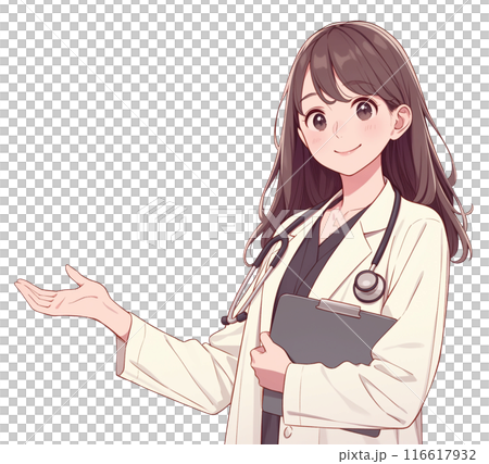 クリップボードを持って手を挙げている女性医師のイラスト「AI生成画像」 クリップボードを持って手を挙げている女性医師のイラスト「AI生成画像」 116617932