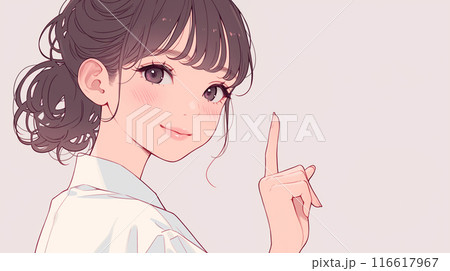 ベージュの背景に指を刺している看護師とコピースペース「AI生成画像」 116617967