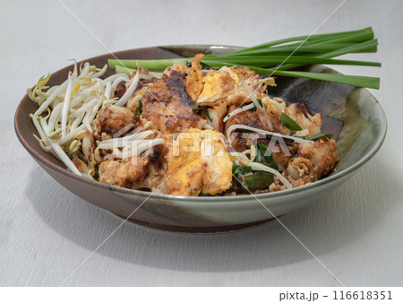 Stir-fried soft turnip cake or Fried radish cake (chai tow kway) with bean sprout and chives on ceramic plate. Stir-fried soft turnip cake or Fried radish cake (chai tow kway) with bean sprout and chives on ceramic plate. 116618351