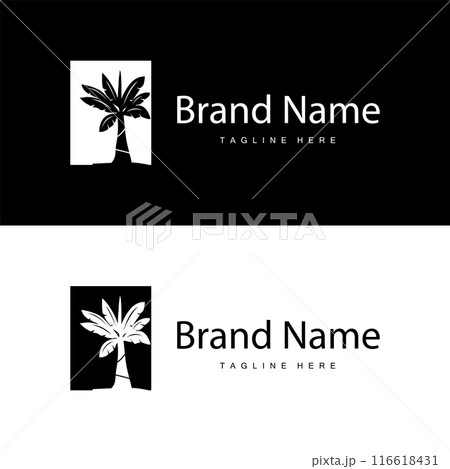 Banana Tree Logo, Tropical Fruit Plant Flat Silhouette Template Illustration Design 116618431