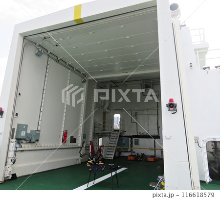 a helicopter hangar on a coast guard ship 116618579