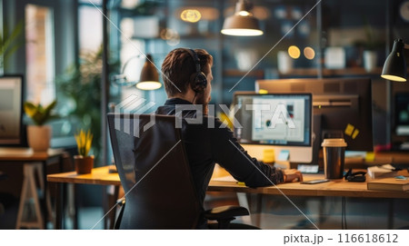 A man is seated at a desk in front of a computer, focused on work or tasks on the screen. 116618612