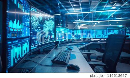 A high-tech security operations center with multiple screens displaying graphs and world map information. 116618627