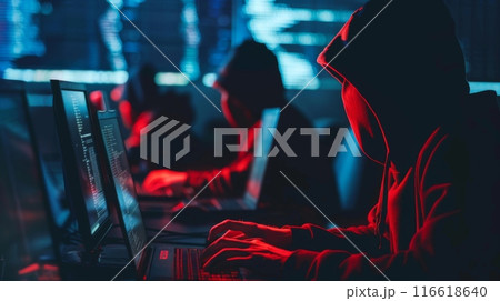 Two individuals wearing hoodies are engaged in computer work in a low-light environment, hinting at secretive tech activity. 116618640