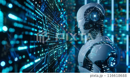 A humanoid robot interacts with a complex digital interface, signaling advanced technology integration. 116618688