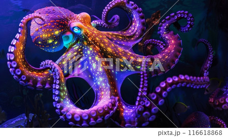 A colorful octopus with iridescent skin is illuminated by blue light in a dark aquarium. 116618868