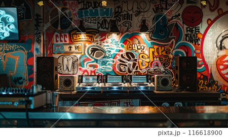 DJ booth with 3 turntables, 2 speakers, and a mixer against colorful graffiti wall. Dim lighting highlights equipment and vibrant artwork 116618900