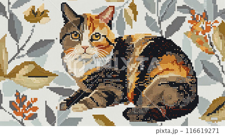 背景に植物が描かれた三毛猫の刺繍デザインのイラスト素材