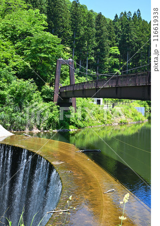 初夏の大源太キャニオン　湖・堰堤と鉄橋の風景　新潟県湯沢町　 116619338