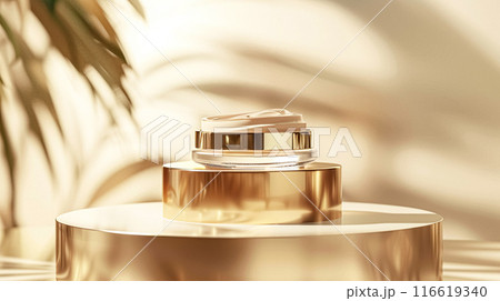 Face cream in a glass jar on a white and gold background. Skin care concept. Backdrop for beauty cosmetic products 116619340
