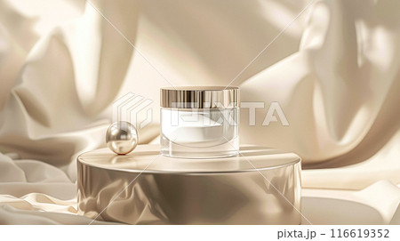 Face cream in a glass jar on a white and gold background. Skin care concept. Backdrop for beauty cosmetic products 116619352