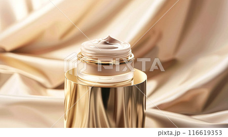 Face cream in a glass jar on a white and gold background. Skin care concept. Backdrop for beauty cosmetic products 116619353