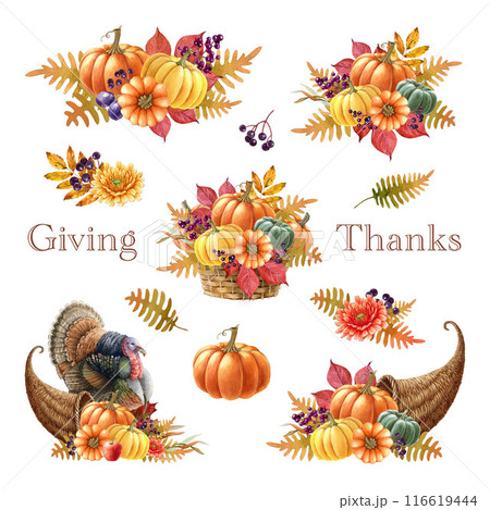 Thanksgiving decoration elements set. Watercolor illustration. Autumn floral festive elements with pumpkin, cornucopia, fallen leaves, turkey bird. Thanksgiving vintage style decor isolated. Thanksgiving decoration elements set. Watercolor illustration. Autumn floral festive elements with pumpkin, cornucopia, fallen leaves, turkey bird. Thanksgiving vintage style decor isolated. 116619444