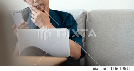 ソファでパソコンを使う男性 116619691