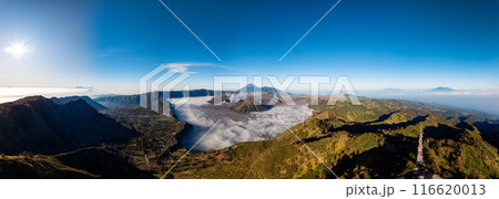 Panorama of Bromo volcano at sunrise, East Java, Indonesia,aerial view from drone 116620013