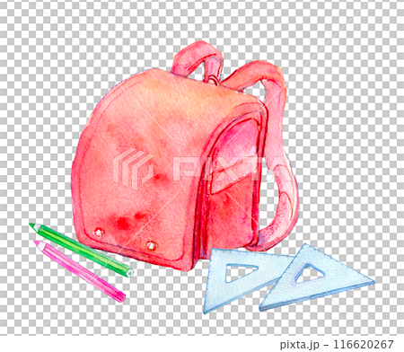 Red school bag and stationery watercolor illustration Red school bag and stationery watercolor illustration 116620267