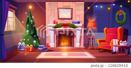 Christmas living room with fireplace 116620418