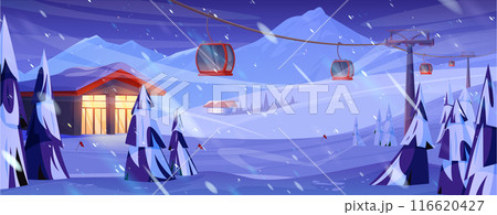 Winter mountain resort with cable cars at night Winter mountain resort with cable cars at night 116620427