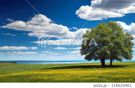 AI生成画像、青い空と白い雲、草原の樹のある風景 116620461