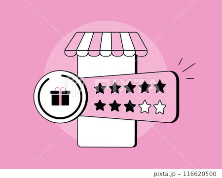 E-commerce loyalty program with physical or digital stamp card rewards scheme. Customer retention management with loyalty card marketing. Isolated flat modern vector illustration with icons E-commerce loyalty program with physical or digital stamp card rewards scheme. Customer retention management with loyalty card marketing. Isolated flat modern vector illustration with icons 116620500