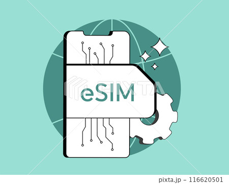 eSIM technology - digital SIM card for mobile phones. Embedded SIM for global roaming and smartphone network access. Isolated flat modern vector illustration with icons 116620501