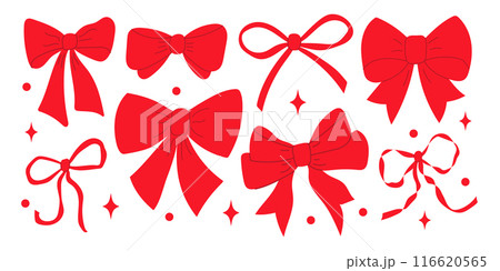 Set of various red bow knots, gift ribbons. Trendy hair braiding accessory. Christmas box decor 116620565