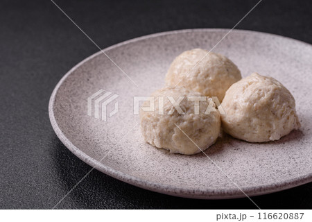 Delicious healthy steamed chicken cutlets or minced meatballs 116620887