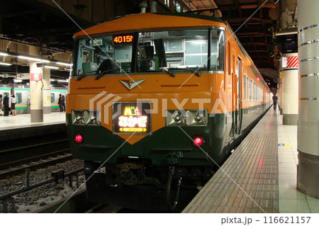 夜の上野駅に停車中の特急あかぎ号:185系湘南色編成 夜の上野駅に停車中の特急あかぎ号:185系湘南色編成 116621157