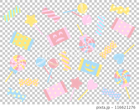 かわいいキャンディのイラストセット、パステル系 116621276