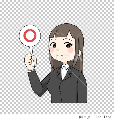 A woman in a suit holding a round bill 116621328